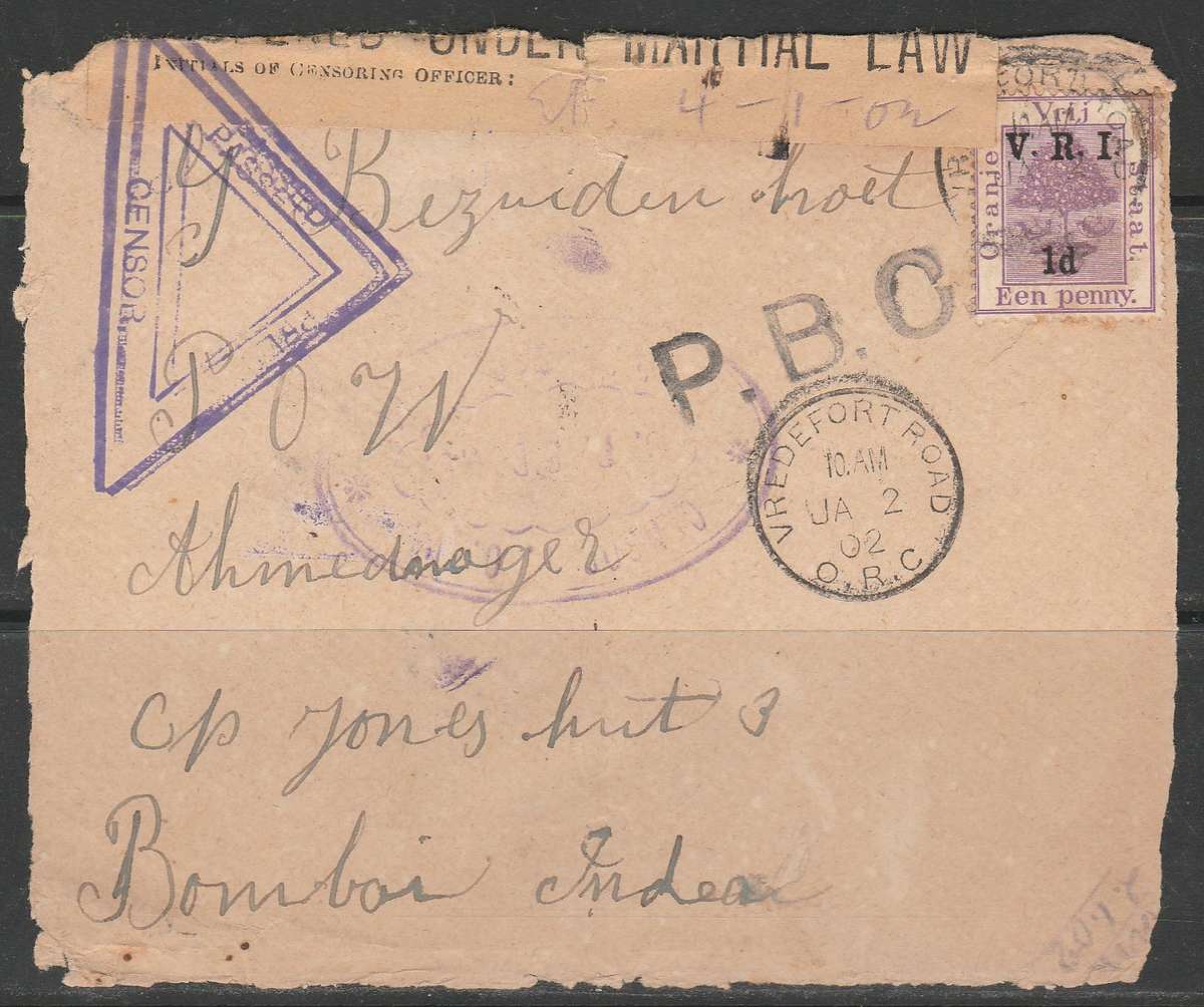 BOER WAR 1902 FRONT ONLY CENSORED/OPENED MARTIAL LAW MAILED TO INDIA PRISONER OF WAR LOOK SCAN