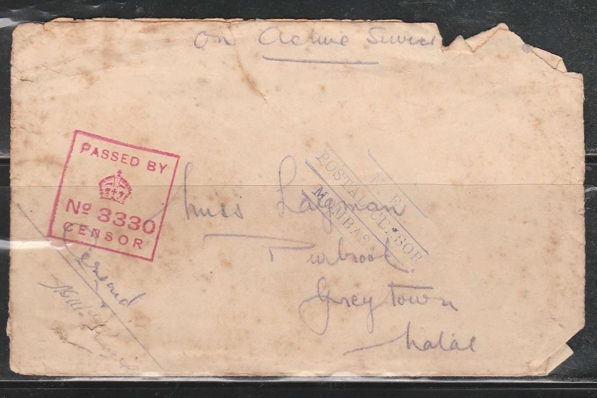 ON ACTIVE SERVICE TO GREYTOWN CENSOR STRIKE FRONT NO3330 IN RED LOOK SCAN