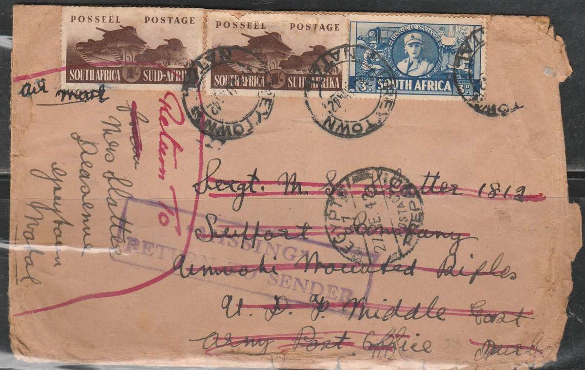 A COVER FROM GREYTOWN SA TO EGYPT CACHET MISSING RETURN TO SENDER 1941 AND IN RED LOOK SCAN