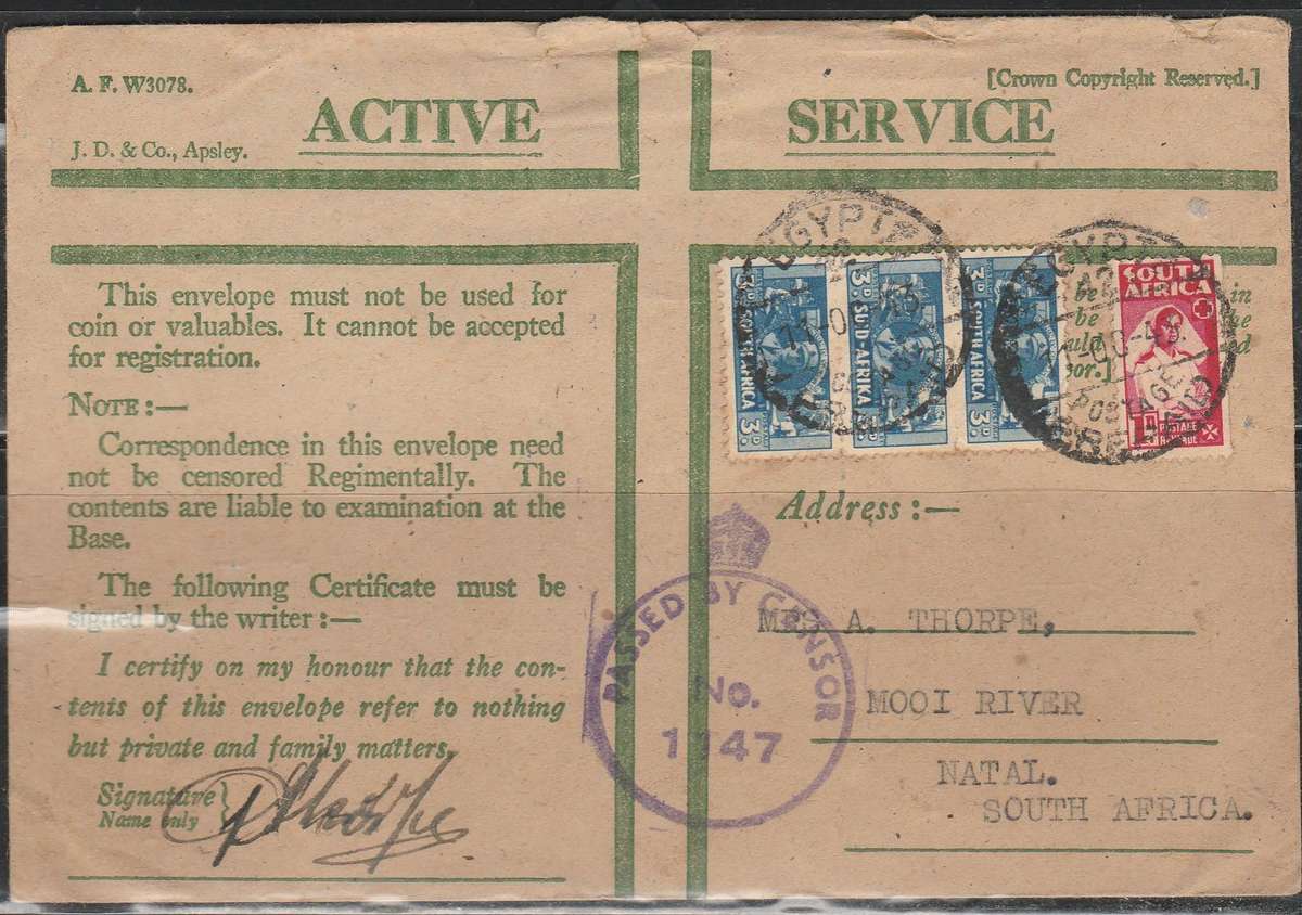 A LOVELY COVER FROM EGYPT TO SA FRANKED WITH WAR EFFORT 3d AND SINGLE 1d CENSORED LOOK SCAN X 2
