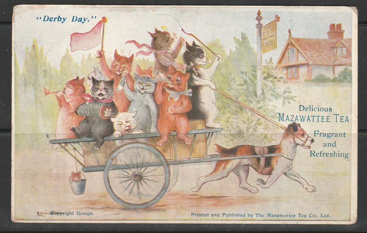 A COLOUR POST CARD SHOWING CATS ON WAGON PULLED BY DOG F.U. NOT MAILED LOOK SCANS X 2