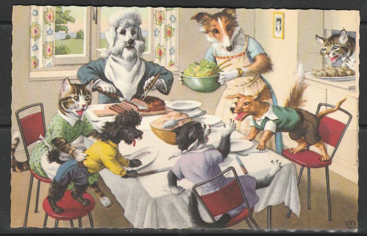 A COLOUR POST CARD SHOWING DOGS AND CATS AT DINNER TABLE MINT. LOOK SCAN