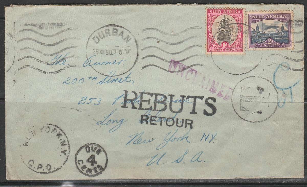 A SUPER COVER FROM DURBAN TO NEW YORK UNCLAIMED TAXED LOTS OF CACHETS FRONT AND BACK LOOK SCAN 2