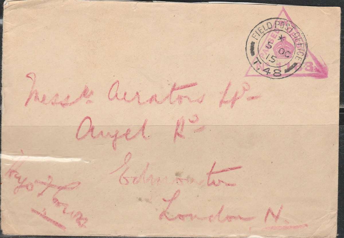 CENSORED COVER TO LONDON CENSOR STRIKE IN RED THEN FIELD POST OFFICE 1915 T.48 CANCELLED OVER LOOK