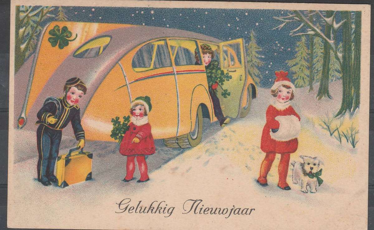 COLOUR POST CARD GELUKKIG NIEUWJAAR F.U. LOOK SCAN X 2