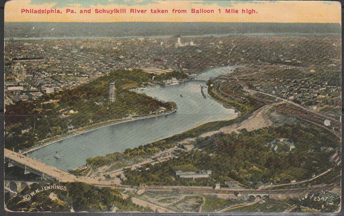 A PICTURE POST CARD SHOWING SCHYIKLL RIVER TAKEN FROM BALLOON BACK HAS CENSOR MARKINGS LOOK SCAN X 2