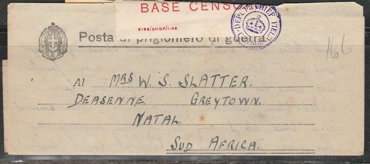 A PRISONER OF WAR FROM ITALY TO GREYTOWN SOUTH AFRICA CENSOR TABS APPLIED FULL LETTER LOOK SCAN X 2