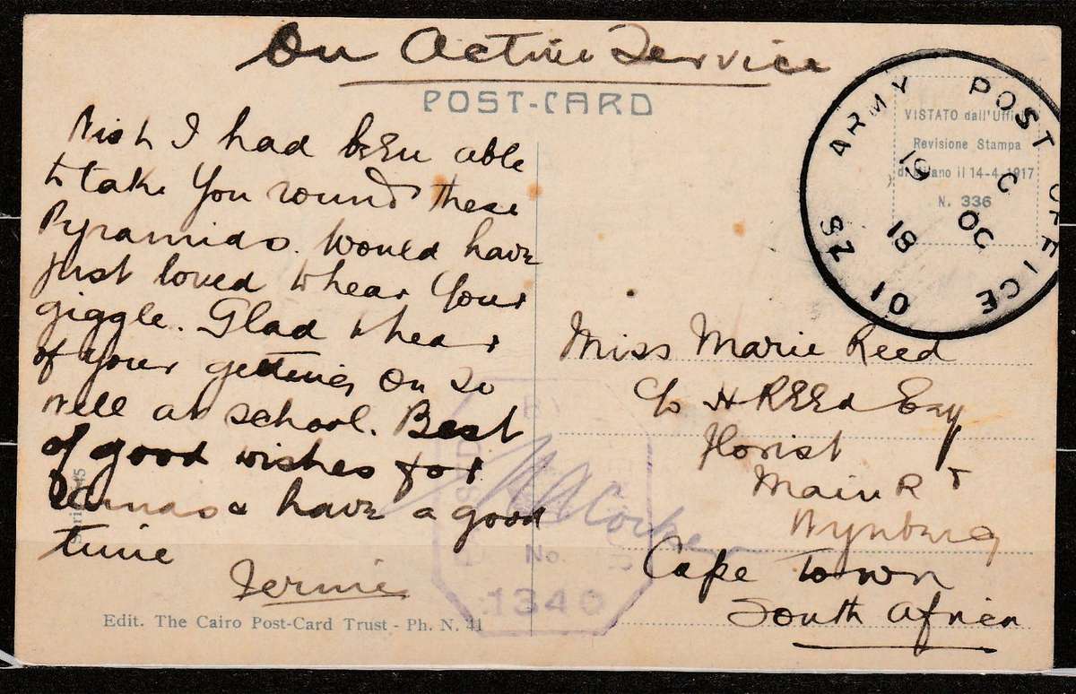 PICTURE POST CARD ON ACTIVE SERVICE UNUSUAL STRIKE ARMY POST CENSORED FROM EGYPT TO SA SCAN X 2