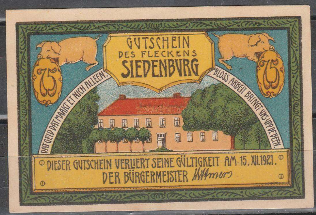 GERMAN NOTGELD SIEDENBURG 75PF NOTGELD EMERGENCY BANK NOTE LOOK SCAN X2