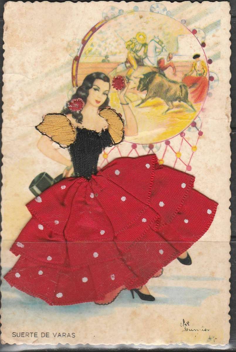 A LOVELY SPANISH POST CARD LADY IN MATERIAL DRESS , TOP AND ARMS IN SILK LOOK SCAN X 2