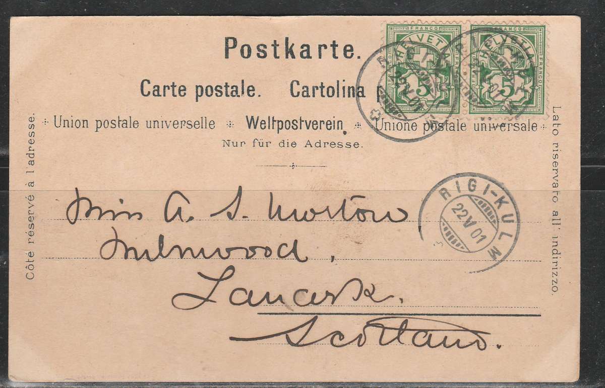 A PICTURE POST CARD SHOWING SUNSET AT RIGI-KULM FRANKED 2 X 5c STAMPS SWITZERLAND LOOK SCAN X2