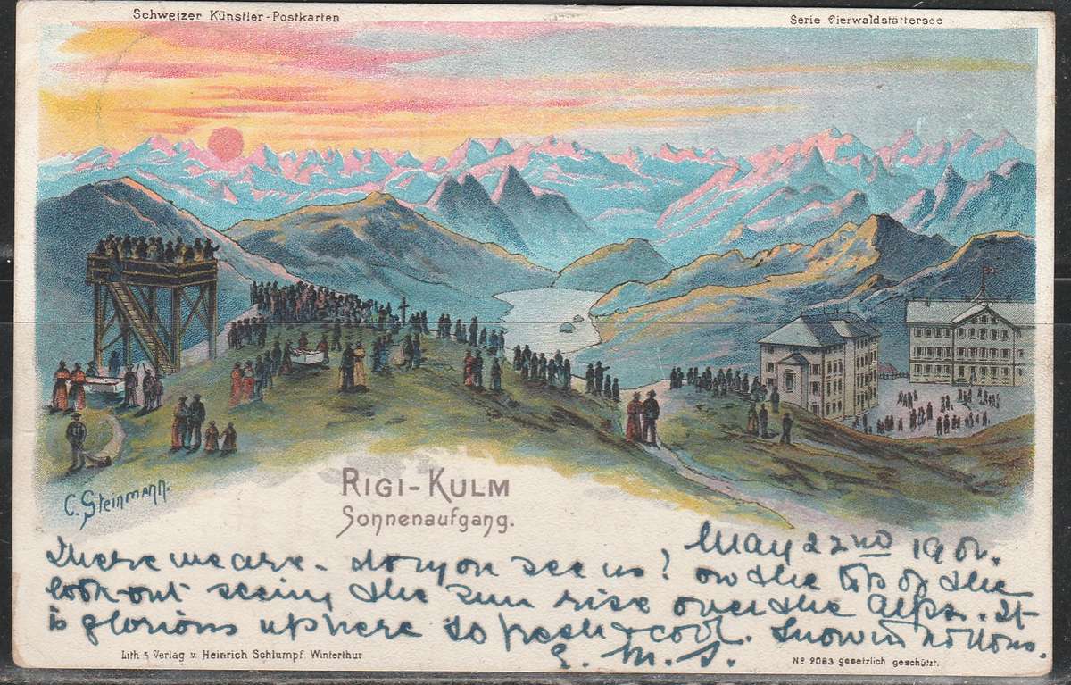A PICTURE POST CARD SHOWING SUNSET AT RIGI-KULM FRANKED 2 X 5c STAMPS SWITZERLAND LOOK SCAN X2