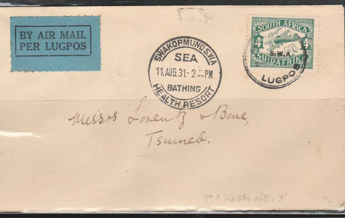 A LOVELY FLIGHT COVER AIR MAIL TO SWAKOPMUND WITH VARITEY SACC#95a NO STOP AFTER A LOOK SCAN X2