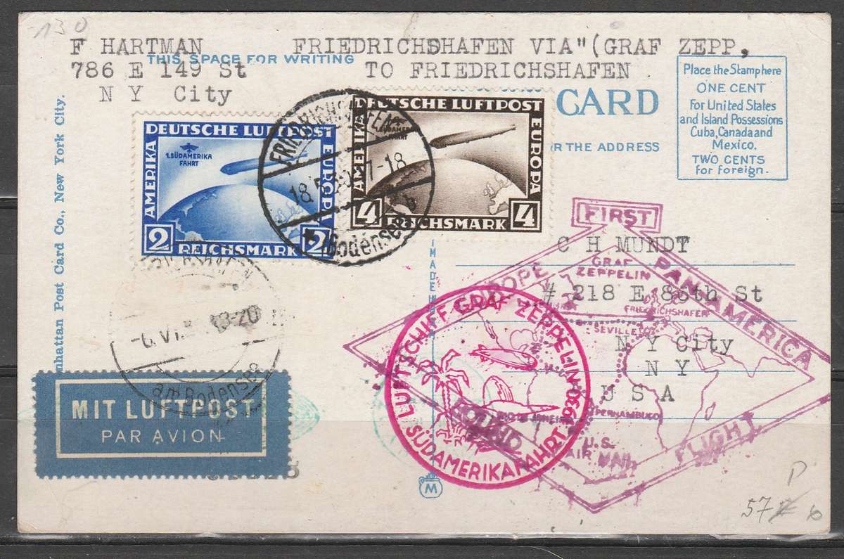 GERMAN DEUTSCHE LUFTPOST SOUTH AMERICA FRANKED Mi#438 AND 439 LOOK CACHETS SUPER CARD SCAN X 2