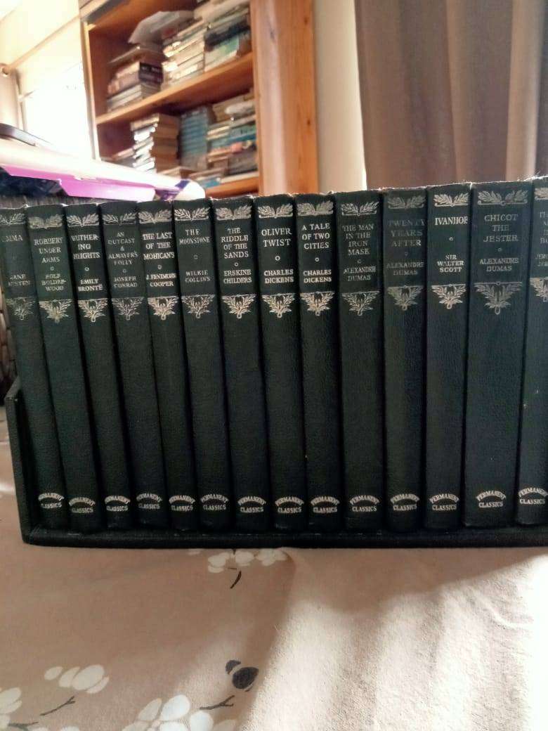 Vintage Collins New Classics Book Set - 14 Green Hardcover Books on Shelf