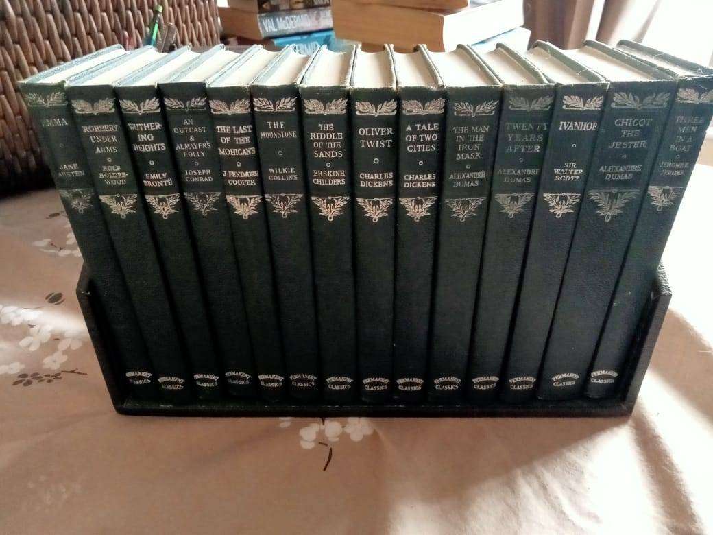 Vintage Collins New Classics Book Set - 14 Green Hardcover Books on Shelf