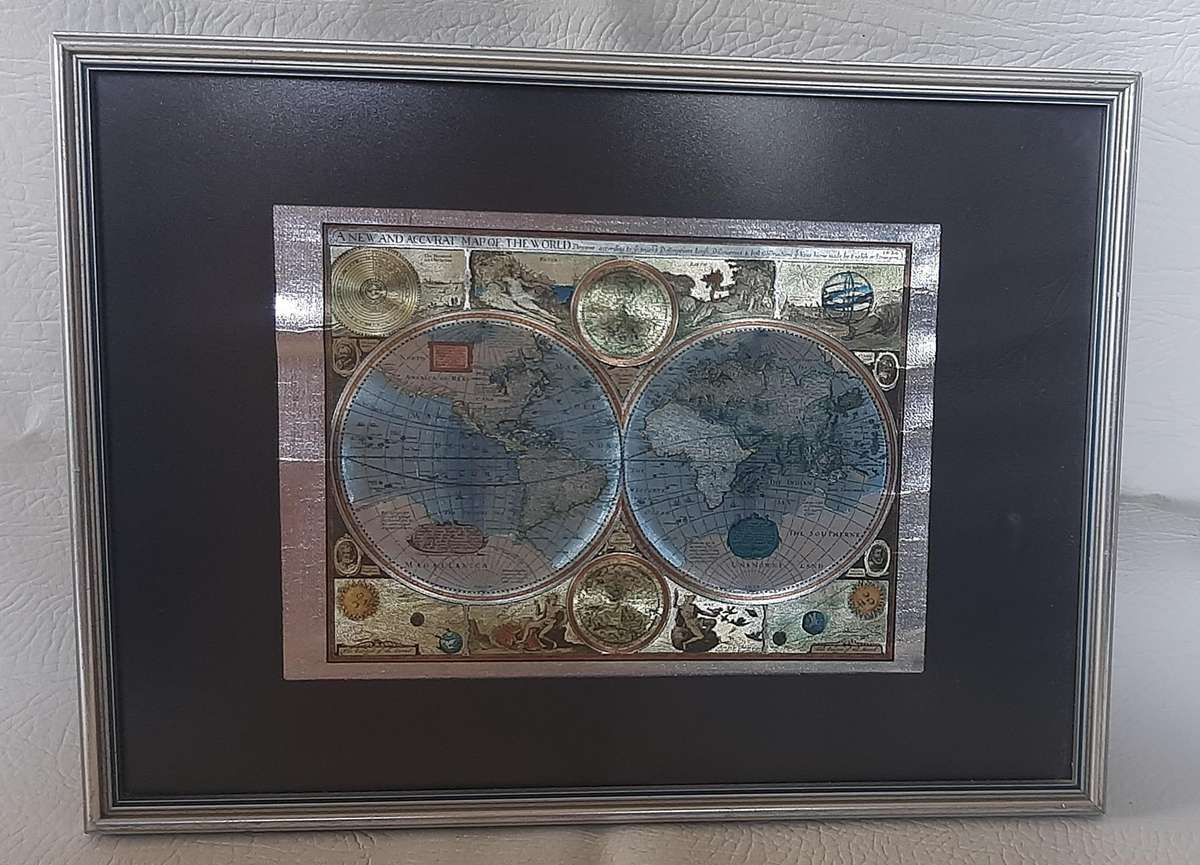 FRAMED ANTIQUE STYLE WORLD MAP - A NEW AND ACCVRAT MAP OF THE WORLD