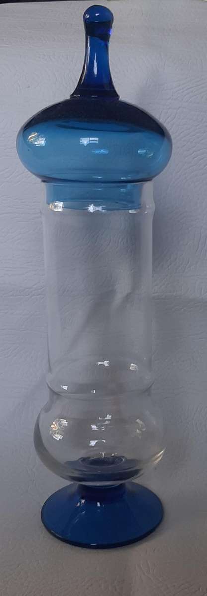 EXQUISITE VINTAGE BLUE GLASS VANITY JAR WITH LID - 32.5cm TALL - EXCELLENT CONDITION