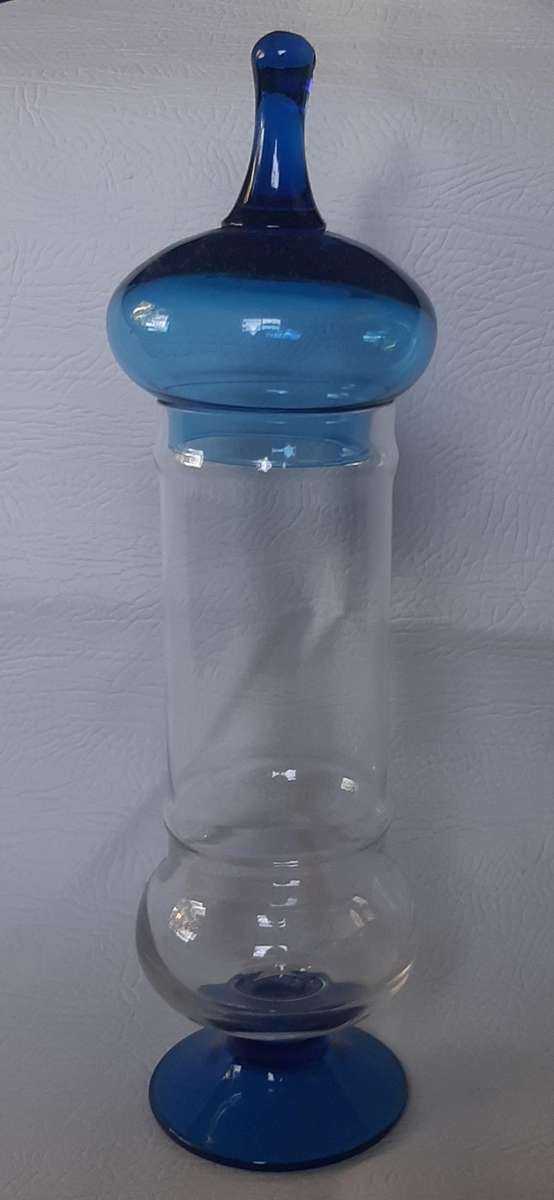 EXQUISITE VINTAGE BLUE GLASS VANITY JAR WITH LID - 32.5cm TALL - EXCELLENT CONDITION