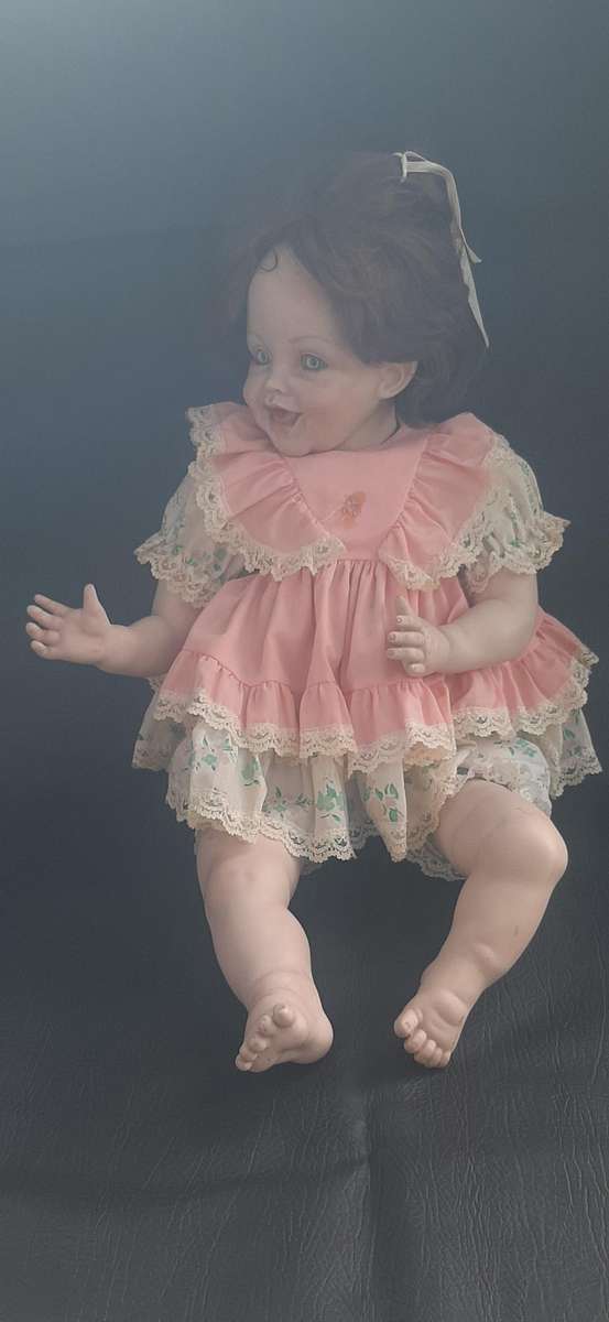 LARGE VINTAGE PORCELAIN DOLL  60CM, PINK LACE & FLORAL DRESS, EXCELLENT CONDITION