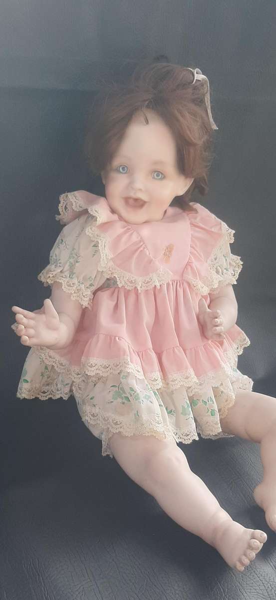LARGE VINTAGE PORCELAIN DOLL  60CM, PINK LACE & FLORAL DRESS, EXCELLENT CONDITION