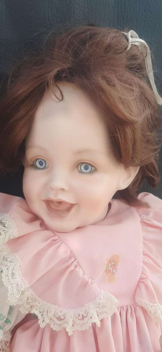 LARGE VINTAGE PORCELAIN DOLL  60CM, PINK LACE & FLORAL DRESS, EXCELLENT CONDITION