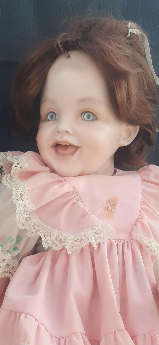 LARGE VINTAGE PORCELAIN DOLL  60CM, PINK LACE & FLORAL DRESS, EXCELLENT CONDITION