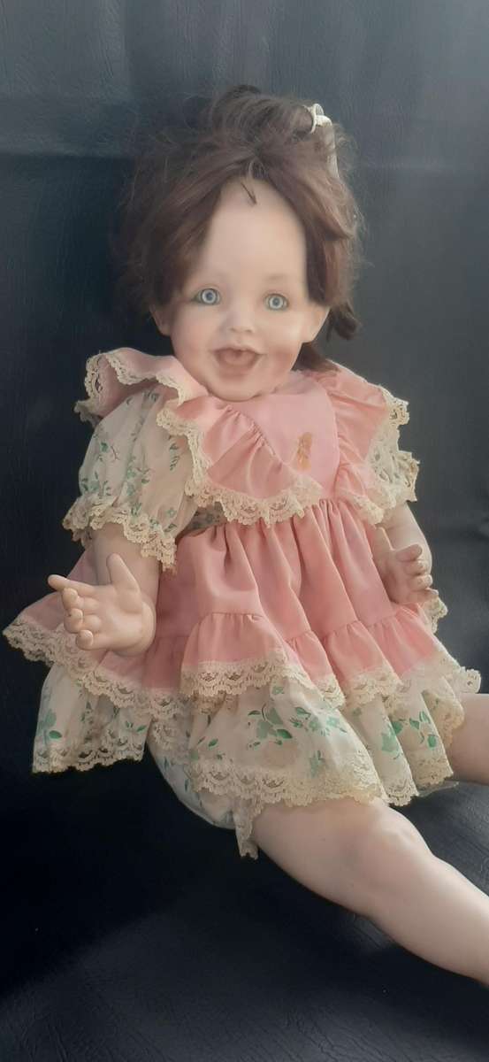 LARGE VINTAGE PORCELAIN DOLL  60CM, PINK LACE & FLORAL DRESS, EXCELLENT CONDITION