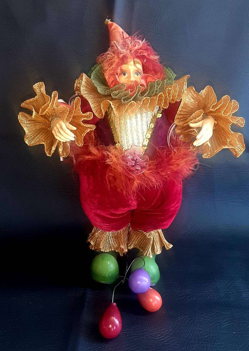 CARNIVAL REVERIE  VINTAGE 39CM CLOWN DOLL WITH VELVET TROUSERS & BALLOON-TETHERED FEET