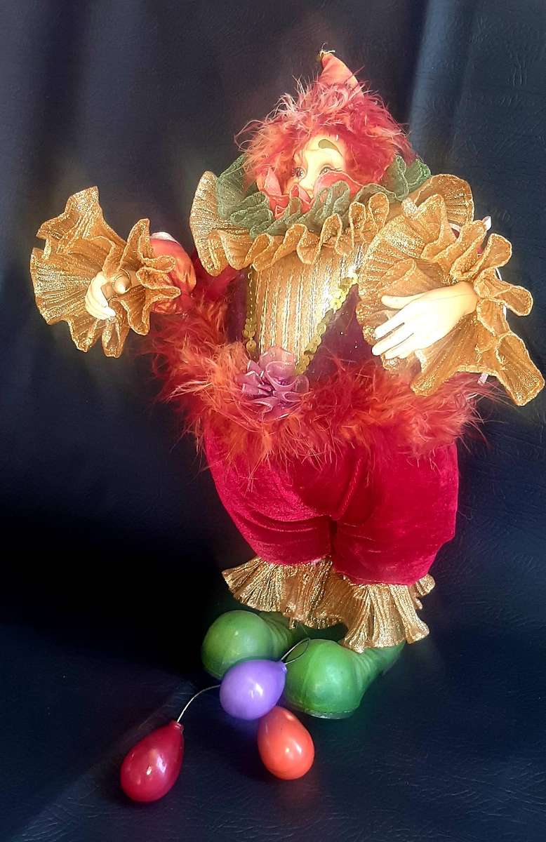 CARNIVAL REVERIE  VINTAGE 39CM CLOWN DOLL WITH VELVET TROUSERS & BALLOON-TETHERED FEET