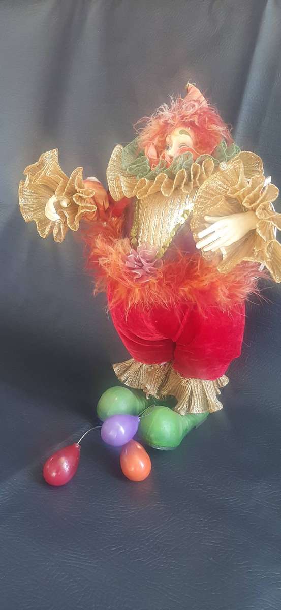 CARNIVAL REVERIE  VINTAGE 39CM CLOWN DOLL WITH VELVET TROUSERS & BALLOON-TETHERED FEET