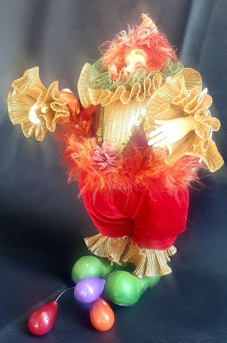 CARNIVAL REVERIE  VINTAGE 39CM CLOWN DOLL WITH VELVET TROUSERS & BALLOON-TETHERED FEET