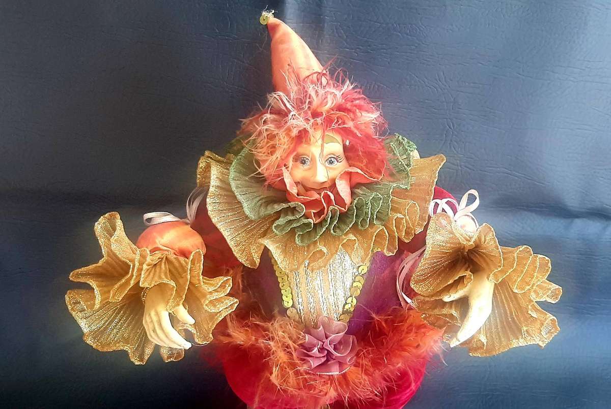 CARNIVAL REVERIE  VINTAGE 39CM CLOWN DOLL WITH VELVET TROUSERS & BALLOON-TETHERED FEET