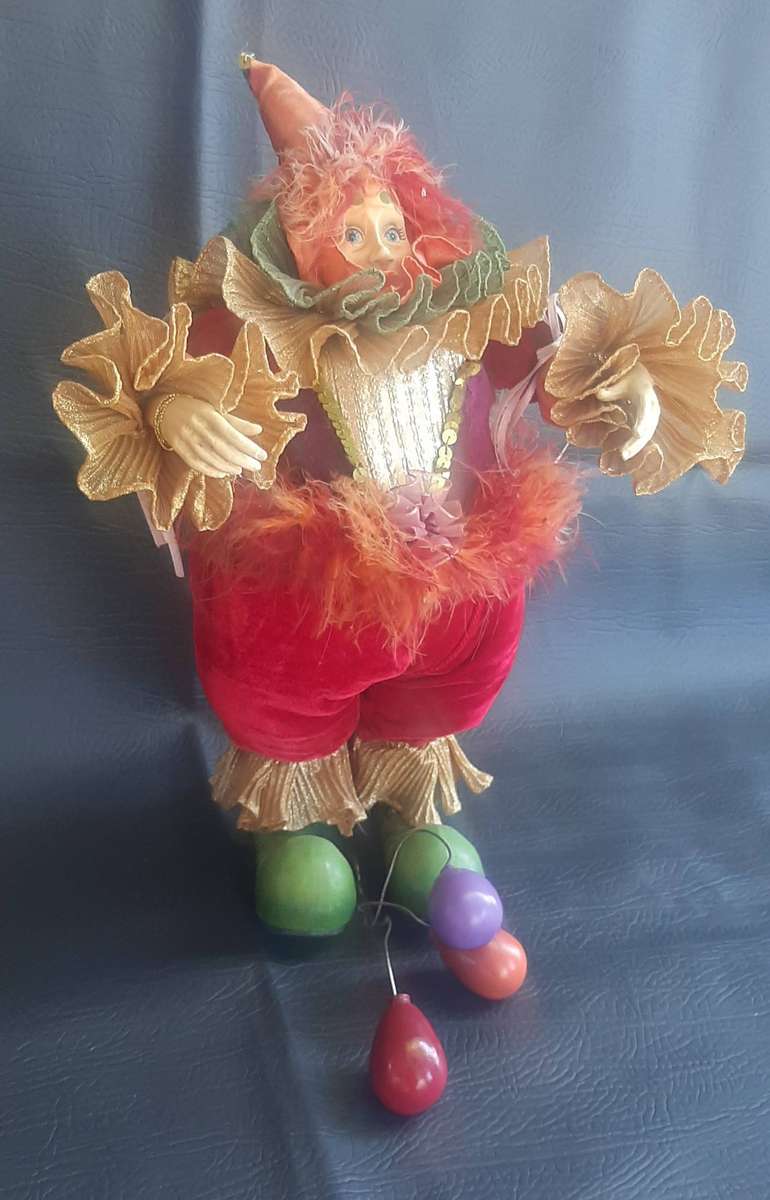 CARNIVAL REVERIE  VINTAGE 39CM CLOWN DOLL WITH VELVET TROUSERS & BALLOON-TETHERED FEET