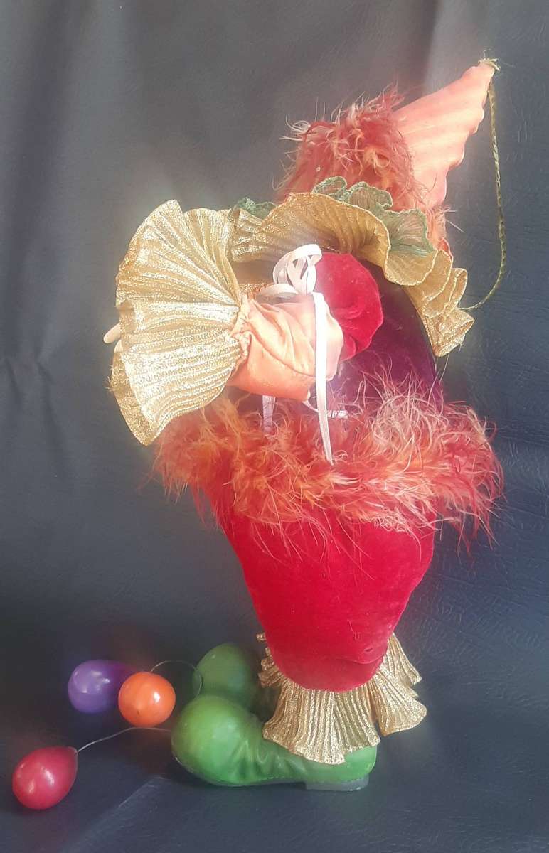 CARNIVAL REVERIE  VINTAGE 39CM CLOWN DOLL WITH VELVET TROUSERS & BALLOON-TETHERED FEET