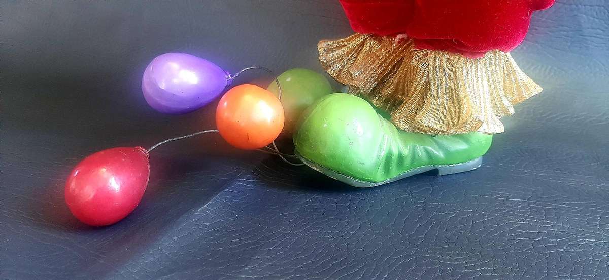 CARNIVAL REVERIE  VINTAGE 39CM CLOWN DOLL WITH VELVET TROUSERS & BALLOON-TETHERED FEET