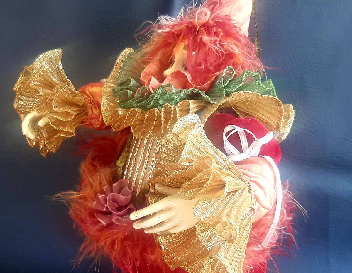 CARNIVAL REVERIE  VINTAGE 39CM CLOWN DOLL WITH VELVET TROUSERS & BALLOON-TETHERED FEET