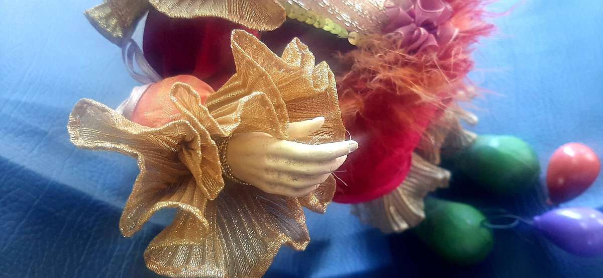 CARNIVAL REVERIE  VINTAGE 39CM CLOWN DOLL WITH VELVET TROUSERS & BALLOON-TETHERED FEET