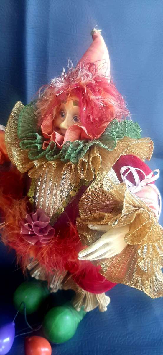 CARNIVAL REVERIE  VINTAGE 39CM CLOWN DOLL WITH VELVET TROUSERS & BALLOON-TETHERED FEET