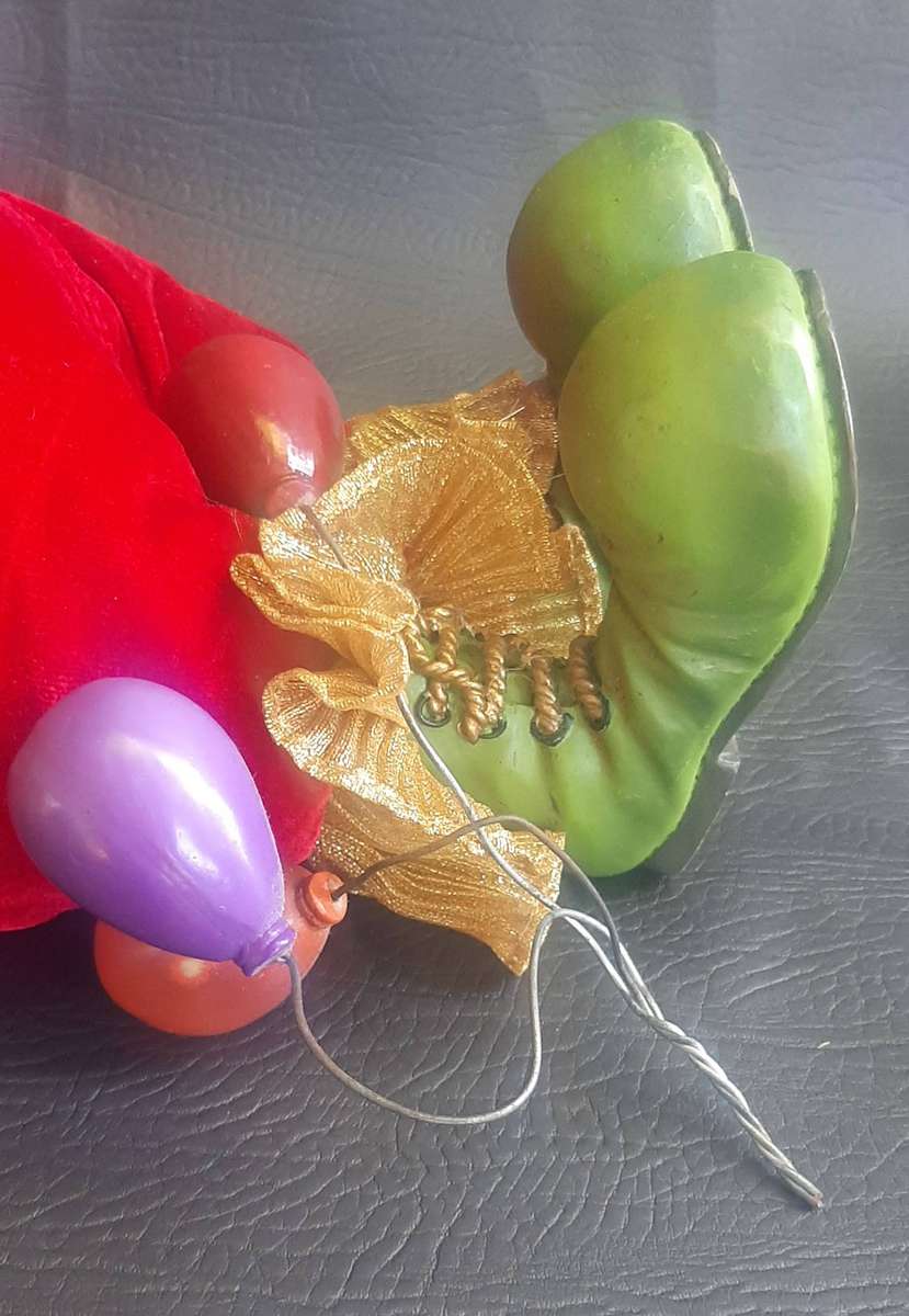 CARNIVAL REVERIE  VINTAGE 39CM CLOWN DOLL WITH VELVET TROUSERS & BALLOON-TETHERED FEET