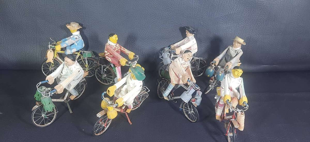 HANDMADE VINTAGE CYCLIST FIGURES  SET OF 8