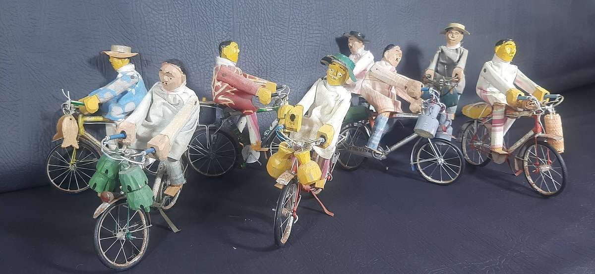 HANDMADE VINTAGE CYCLIST FIGURES  SET OF 8