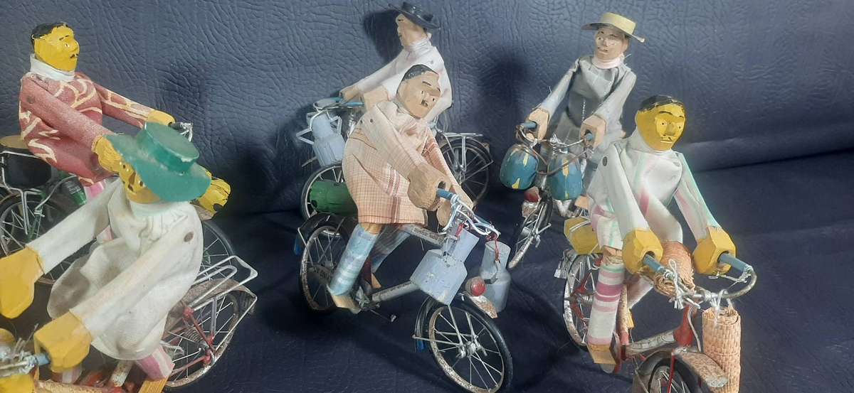 HANDMADE VINTAGE CYCLIST FIGURES  SET OF 8