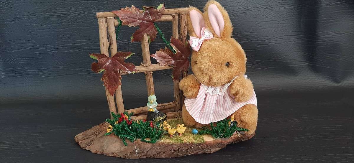 WOODLAND WHIMSY  PLUSH BUNNY IN PINK ON NATURAL BASE