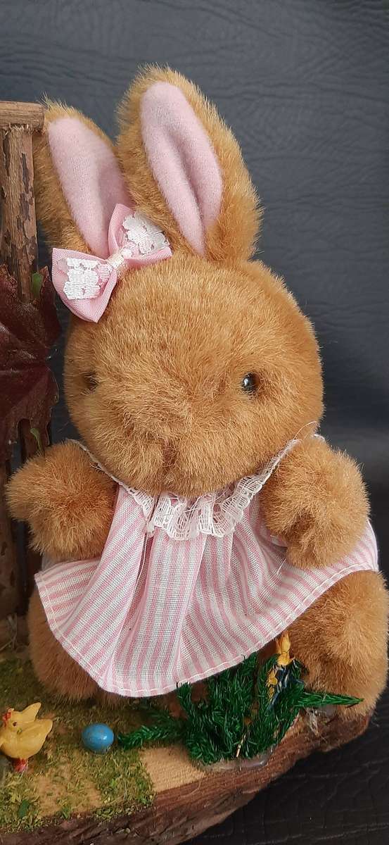 WOODLAND WHIMSY  PLUSH BUNNY IN PINK ON NATURAL BASE
