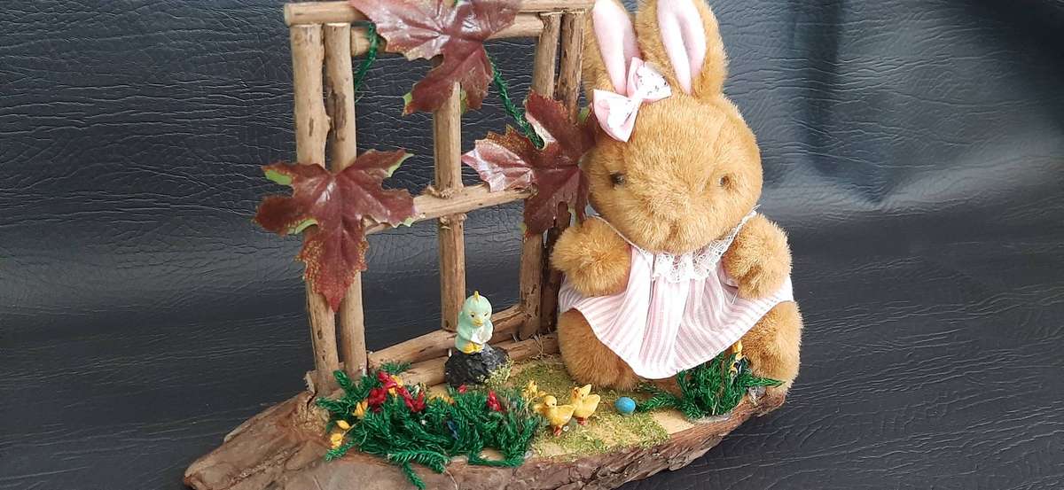 WOODLAND WHIMSY  PLUSH BUNNY IN PINK ON NATURAL BASE