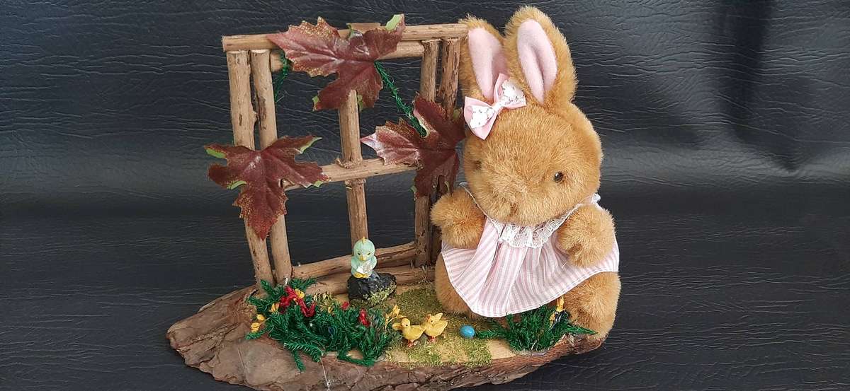 WOODLAND WHIMSY  PLUSH BUNNY IN PINK ON NATURAL BASE