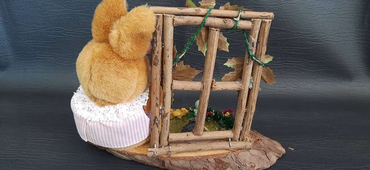 WOODLAND WHIMSY  PLUSH BUNNY IN PINK ON NATURAL BASE