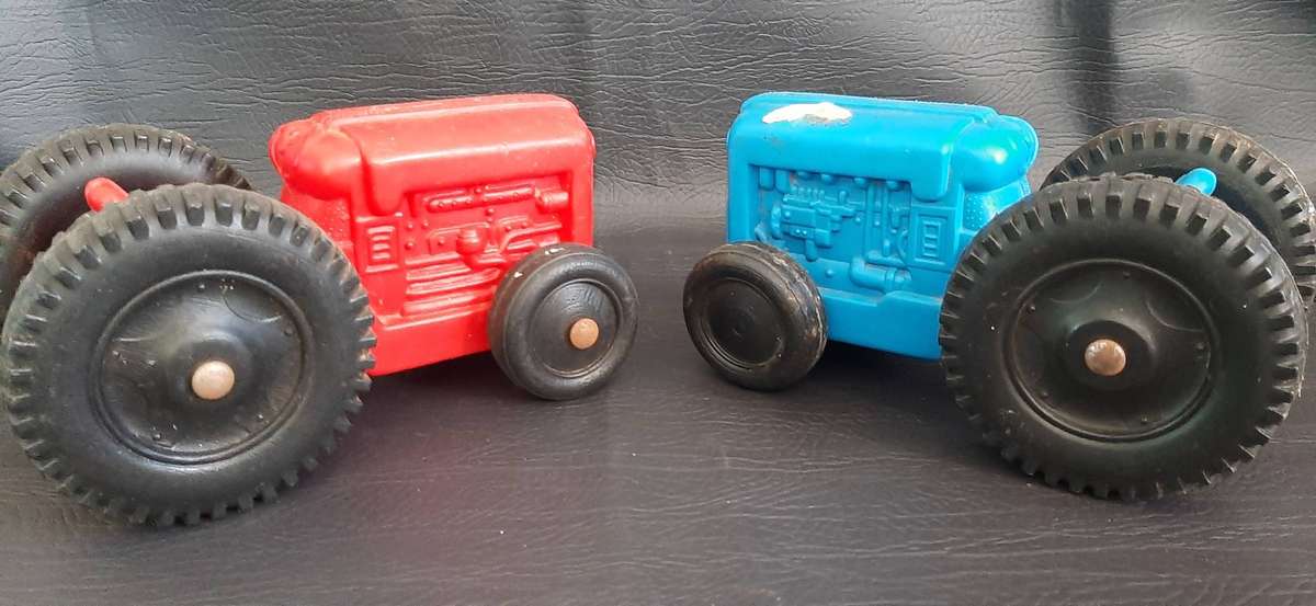 DUO TRACTOR SET  VINTAGE PRIMA TOYS, RED & BLUE WORKHORSES