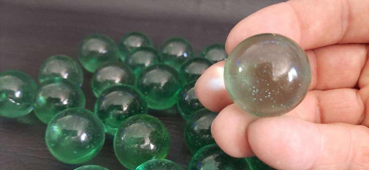 VINTAGE GLASS MARBLES  SET OF 30  TRANSLUCENT GREEN